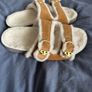 Tory Burch Brown Shearling Buckle Sandals